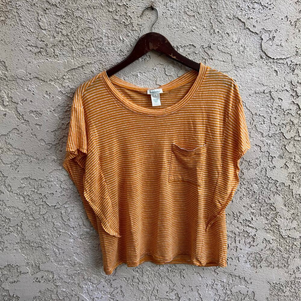 Sundance Mustard Yellow White Striped Linen Ruffle Sleeve Tee Women’s M